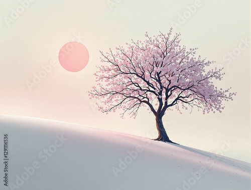 Illustration : Paysage japonais onirique avec cerisier en fleurs et lune rouge sur colline enneigée