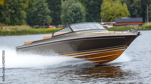 Speedboat in Motion on Calm Lake with Reflections and Trees