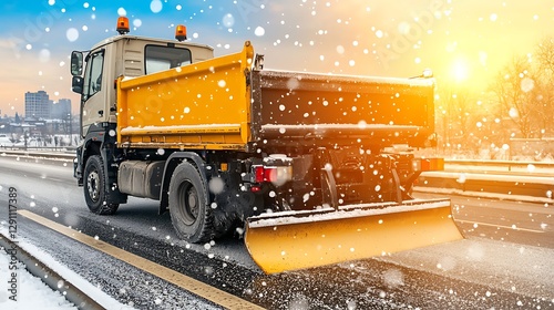 Snow Plow Truck Clearing Snow on a Winter Road at Sunset