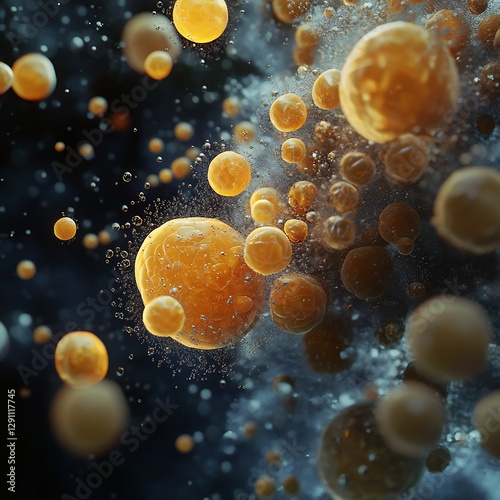 Lifelike 3D depiction of fermentation yeast cell micro bubbling byproduct lab setting soft backlight photorealistic proportion glowing biological process vibrant detail dramatic bokeh effect perfect