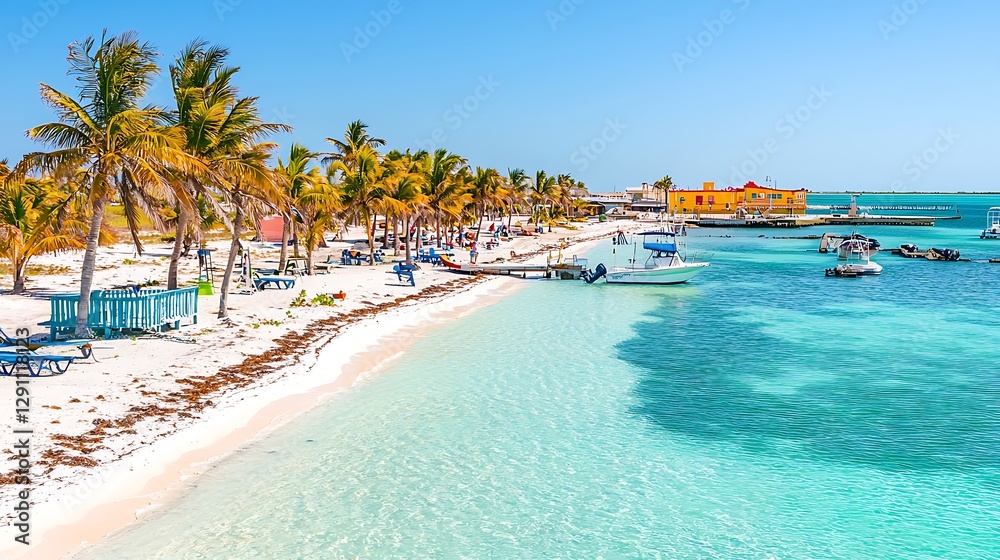 Obraz premium Tropical Beach with Palm Trees and Clear Blue Water in Belize