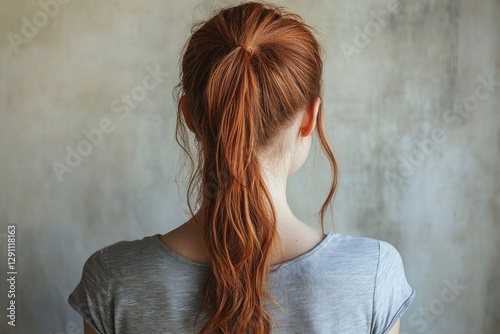 Rear view of a woman with long, wavy, light reddish-brown hair styled in a high ponytail. She is wearing a simple, gray, short-sleeved t-shirt. The background is a textured gray wall photo