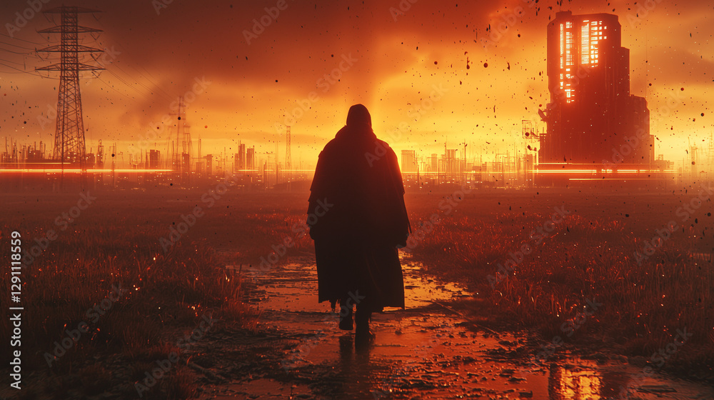 Fototapeta premium Hooded figure walks toward a dystopian cityscape at sunset, surrounded by industrial ruins, glowing lights, and falling debris