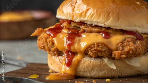 The image features a close-up of a chicken sandwich