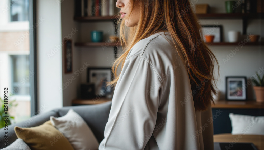 Woman in stylish jacket with soft texture in cozy indoor setting Woman in stylish jacket with soft texture in cozy indoor setting