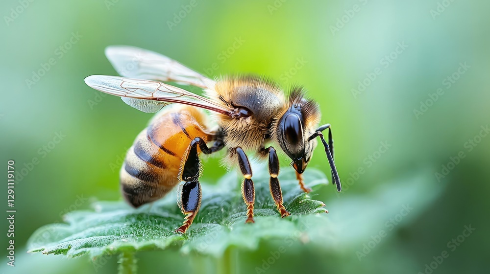 Honeybee on leaf, close-up, nature Honeybee on leaf, close-up, nature