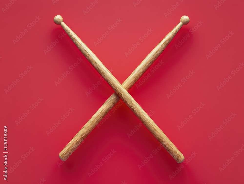 Drumsticks crossing in bold graphic shape against vibrant red background, creating striking visual impact that captures attention Drumsticks crossing in bold graphic shape against vibrant red background, creating striking visual impact that captures attention