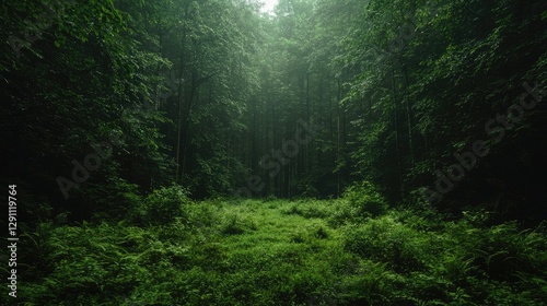 Misty green forest interior