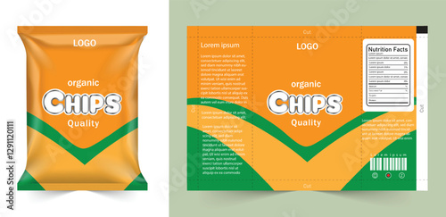 Chips package design, foil bags with the original file in 3d illustration. packaging, chips, vector, template.