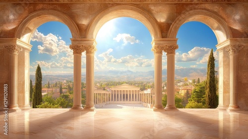 Ancient city view through arched colonnade