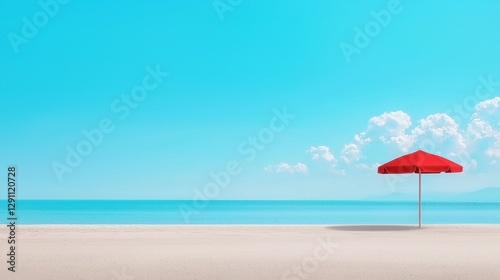 Vibrant Beach Scene with Red Umbrella under Clear Blue Sky and White Sand  Ideal for Summer and Vacation Themes