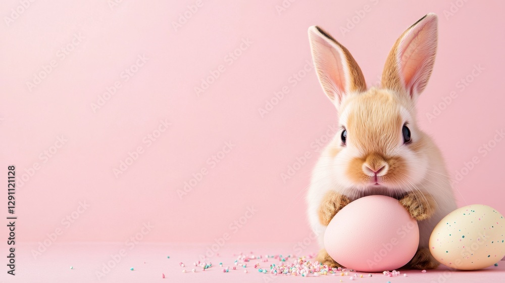 Fototapeta premium Cute bunny with big ears sitting next to pastel pink egg on a soft pink background for Easter celebration and spring holiday themes in stock photography