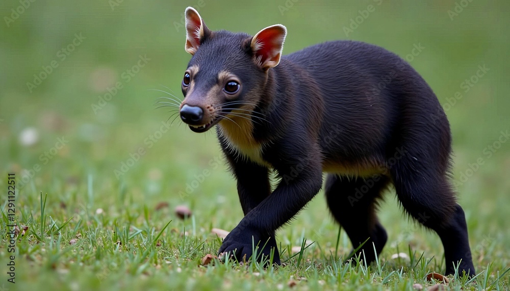 Fototapeta premium Tasmanian Devil Baby Walking on Grass in Natural Habitat