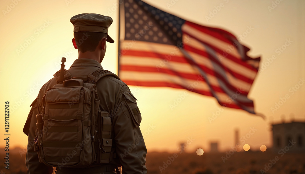 Soldier gazing at American flag during sunset Soldier gazing at American flag during sunset