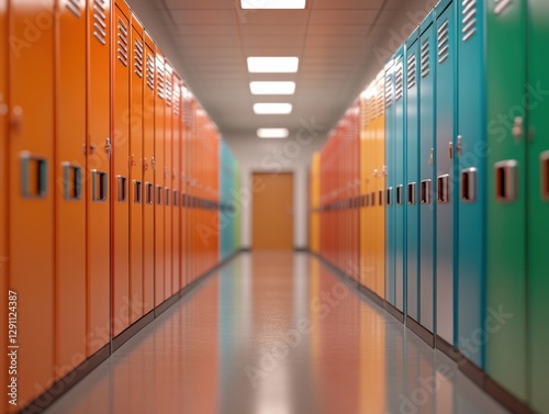 School Hallway with Colorful Lockers