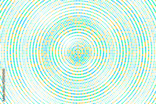 Aqua, yellow blue colorful halftone festival background. Radial halftone gradient background. Fading effect polka dot multicolor background for fabric, banner, poster, web, wallpaper and more.