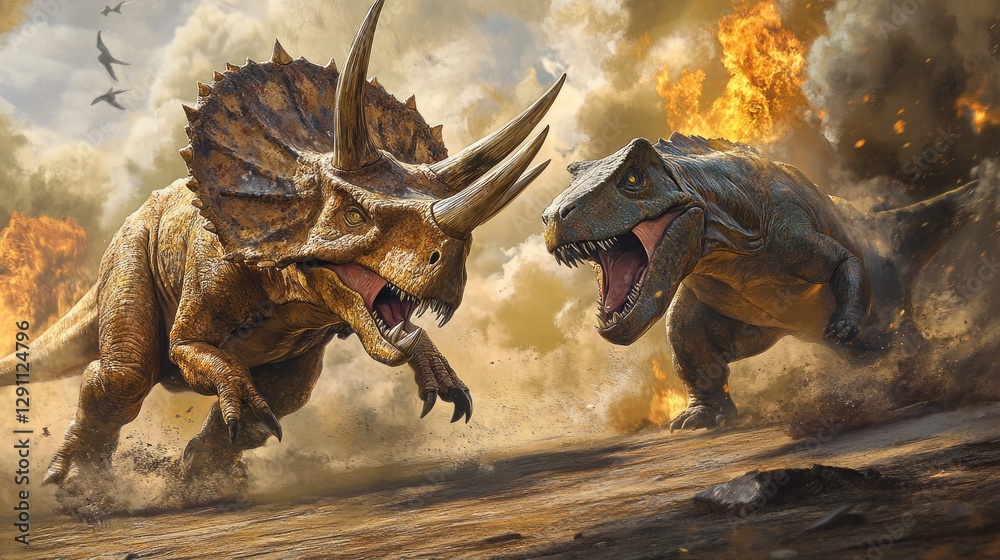 Obraz premium Two Dinosaurs Clashing in Fiery Prehistoric Landscape