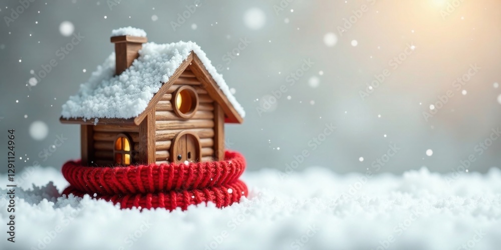 Naklejka premium Cozy Winter Cabin Scene A miniature log house nestled in a warm red knit scarf, surrounded by freshly fallen snow, evokes a sense of heartwarming holiday peace and comfort.