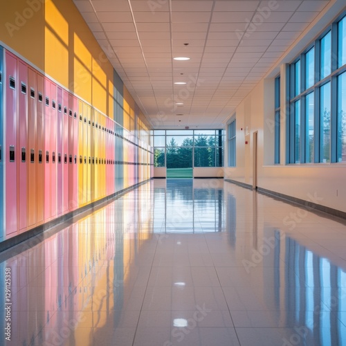 Colorful lockers line a school hallway.