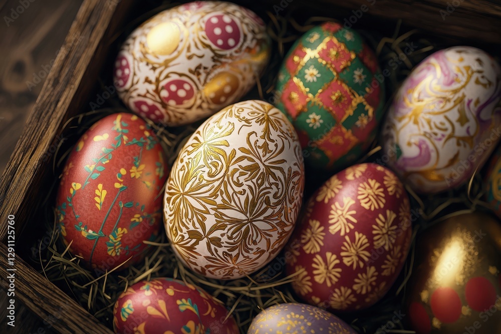 Decorated Easter Eggs in Wooden Box Rustic Spring Holiday Festive Background Decorated Easter Eggs in Wooden Box Rustic Spring Holiday Festive Background