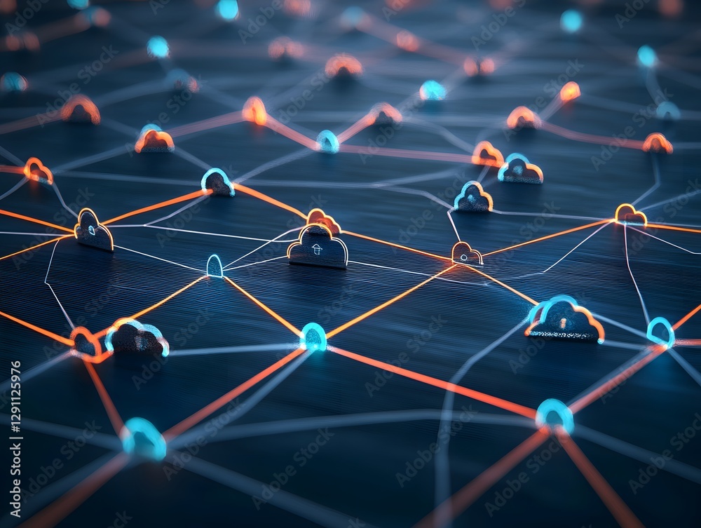 Digital cloud network with interconnected nodes and glowing lines on a dark background Digital cloud network with interconnected nodes and glowing lines on a dark background