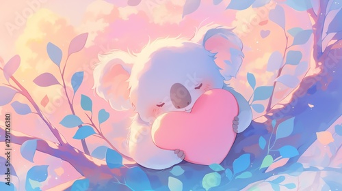 A cute koala hugging a heart-shaped object in a dreamy, colorful landscape. photo