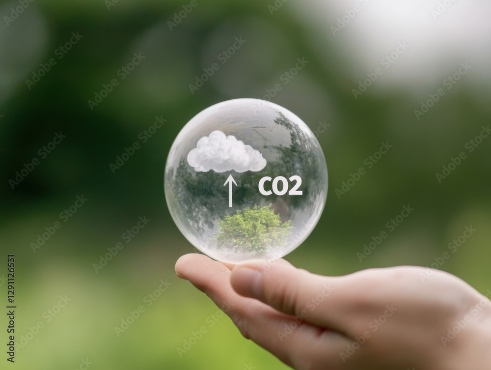 co2 emission concept: hand holding a bubble with co2 illustration co2 emission concept: hand holding a bubble with co2 illustration