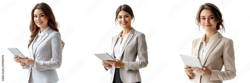 A Set of Visionary Businesswoman with a Tablet Reflecting Innovative Leadership and Unparalleled Professional Style Isolated on transparent Background A Set of Visionary Businesswoman with a Tablet Reflecting Innovative Leadership and Unparalleled Professional Style Isolated on transparent Background