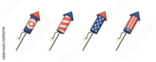 Patriotic Fireworks Rockets Illustration Set