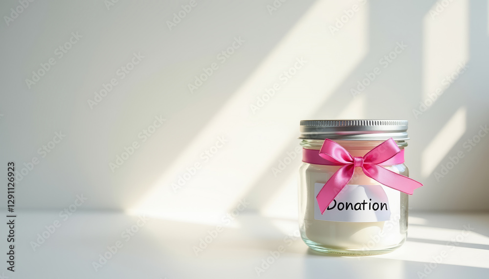 Donation jar with pink ribbon and label on white background, ideal for Women's Day charity poster with copy space Donation jar with pink ribbon and label on white background, ideal for Women's Day charity poster with copy space