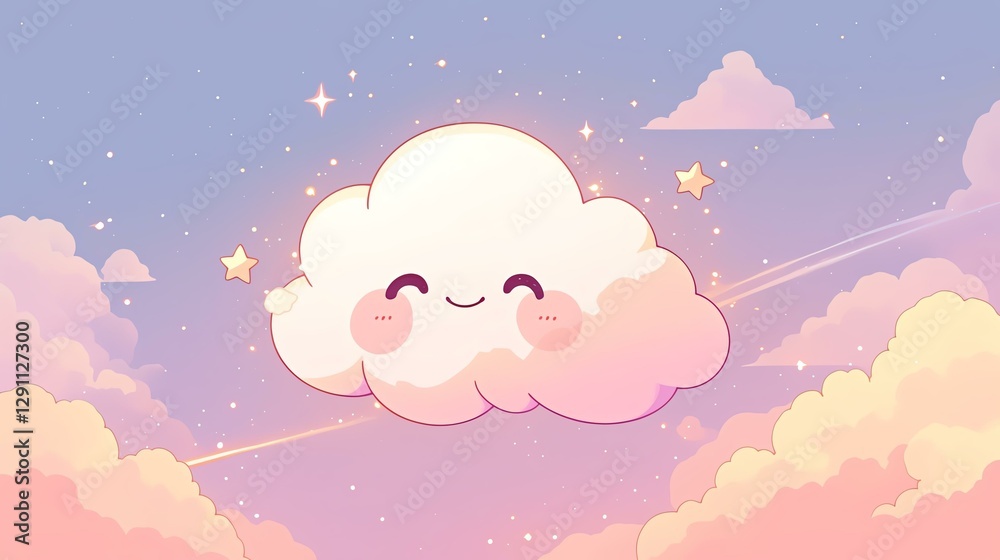 Obraz premium A cheerful cartoon cloud with a smiling face and pastel colors in a dreamy sky.