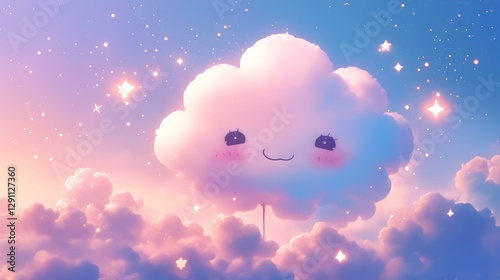 A cute  smiling cloud amidst a colorful sky filled with sparkling stars.