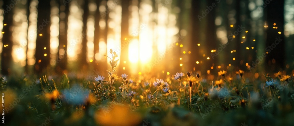 Naklejka premium forest flowers at sunset with fireflies