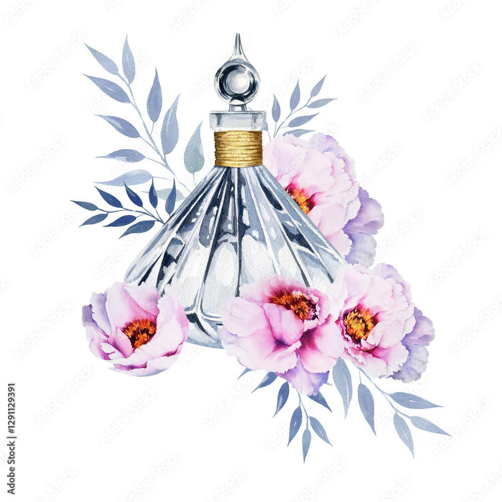 Φωτογραφία watercolor vintage perfume glass bottle, hand drawn illustration of transparent