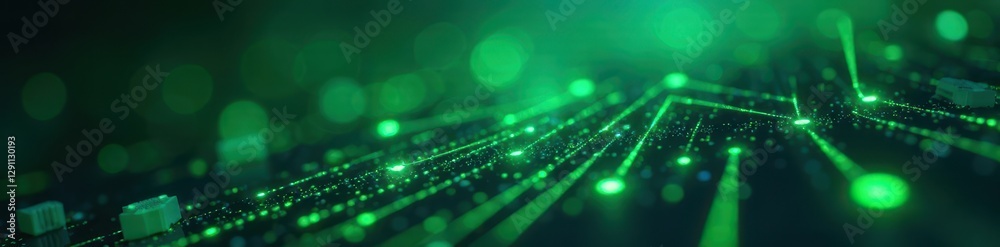 Obraz premium Abstract green and blue tech circuitry, glowing nodes, green, graphic, reality
