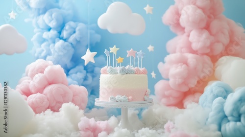 A whimsical birthday theme with pastel clouds and stars