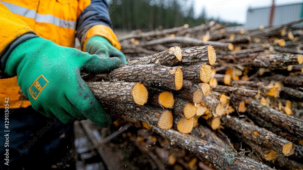 Obraz premium Worker in green gloves handling logs forest location industry work outdoor environment close-up view timber processing concept