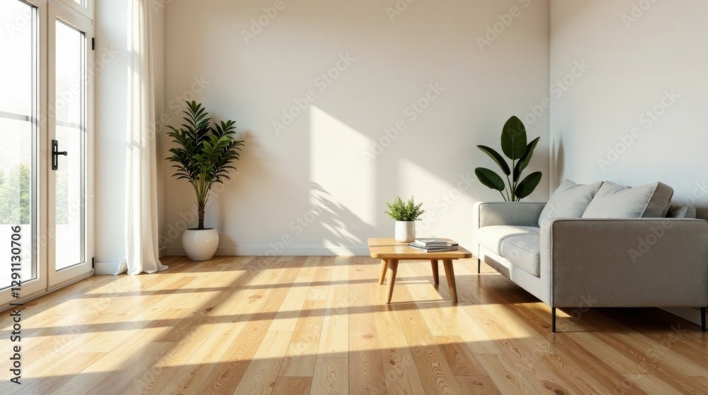 Sunlight streams into a minimalist living room, illuminating a light grey sofa, a wooden coffee table, and potted plants, creating a serene and inviting atmosphere. Sunlight streams into a minimalist living room, illuminating a light grey sofa, a wooden coffee table, and potted plants, creating a serene and inviting atmosphere.