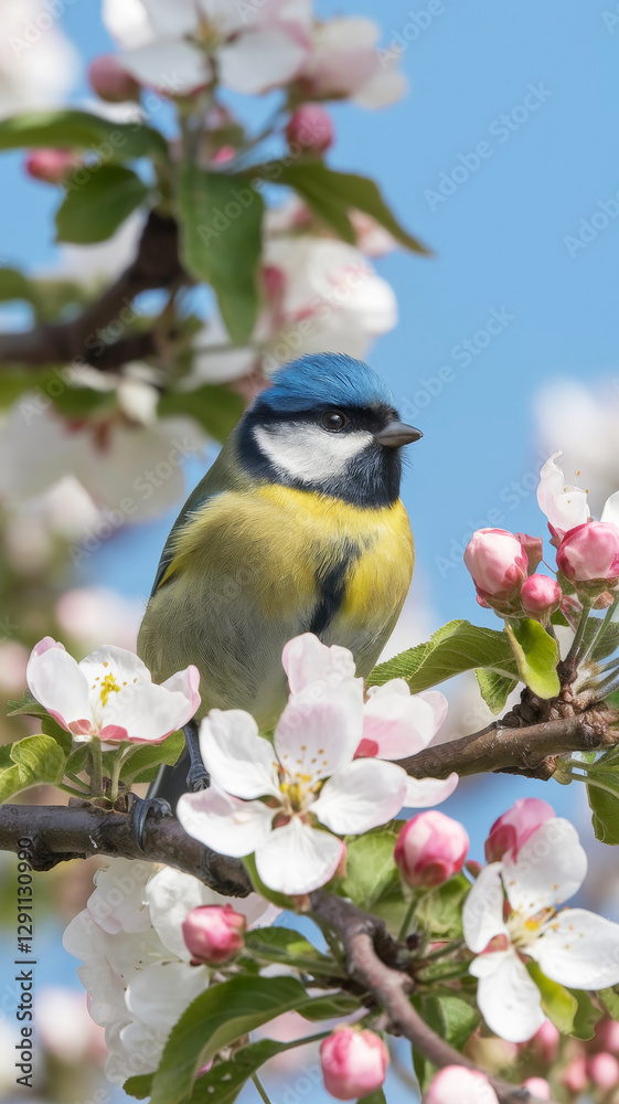 Obraz premium Spring sunrise bathes titmouse in golden light as it perches on blooming branch. Soft petals and warm glow create atmosphere of renewal, filling scene with freshness, warmth, and serenity.