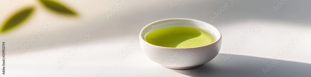 A small bowl of vibrant green tea sits on a white surface, bathed in soft light. A small bowl of vibrant green tea sits on a white surface, bathed in soft light.