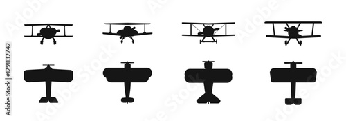 Biplane Silhouette Vector Set from Multiple Angles