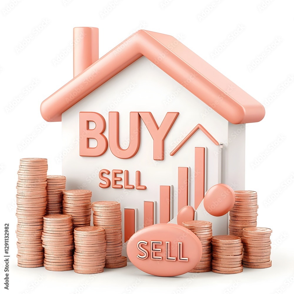 3D depicting a comprehensive market analysis with prominent Buy and Sell buttons an upward trending growth chart and stacks of coins highlighting the concepts of investment trading