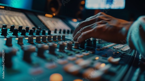 Serene audio studio with sound engineer adjusting noise reduction settings on mixing console, symbolizing the meticulous process of eliminating unwanted sounds.