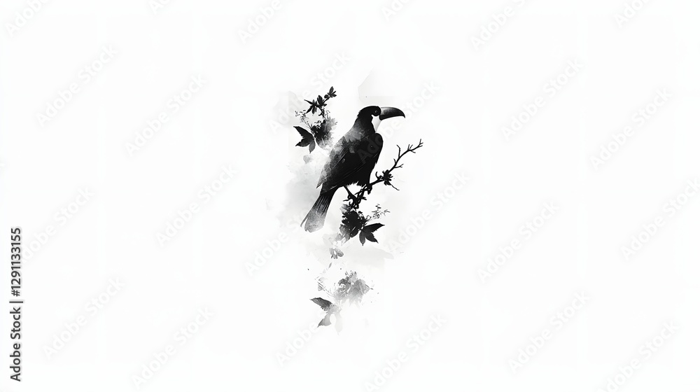 A beautifully rendered toucan bird perched gracefully on a tree branch its beak and feathers meticulously detailed in a delicate ink engraving style with subtle shading creating a minimalist natural