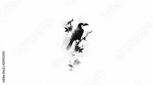 Obraz na płótnie A beautifully rendered toucan bird perched gracefully on a tree branch its beak and feathers meticulously detailed in a delicate ink engraving style with subtle shading creating a minimalist natural w salonie