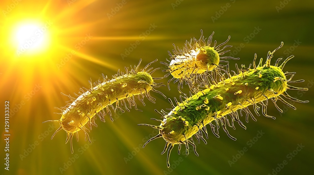 A captivating conceptual art piece depicting abstract glowing structures of bacilli bacteria with soft natural lighting creating a surreal and visually striking effect