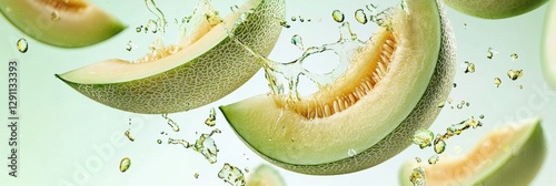 Flying honeydew melon slices with juice splashes on Pale Green Background