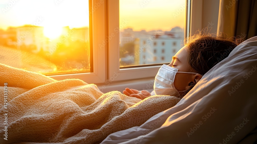 A child curled up under a warm blanket wearing a protective face mask gazing out of a window glowing with golden sunset light subtle influenza virus particles drifting in the air around them