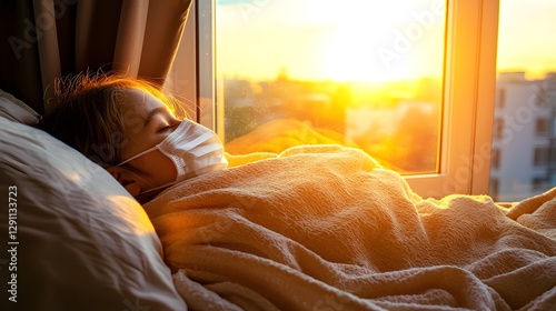 Obraz na płótnie A child curled up under a cozy blanket wearing a protective face mask gazing out of a window glowing with golden sunset light subtle influenza virus particles drifting in the air captured in a medium w salonie