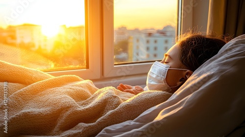 Obraz na płótnie A child curled up under a warm blanket wearing a protective face mask gazing out of a window glowing with golden sunset light subtle influenza virus particles drifting in the air around them w salonie